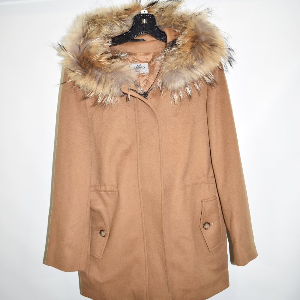 $1300 Cinzia ROCCA Camel Wool & Cashmere Real FUR Hoodie COAT Jacket
